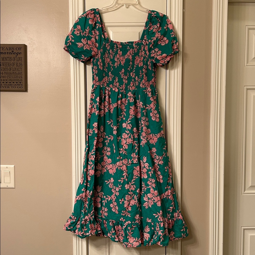 J. Crew Smocked Green and Pink Puff Short Sleeve Floral Dress NEW Sz S - Picture 2 of 7